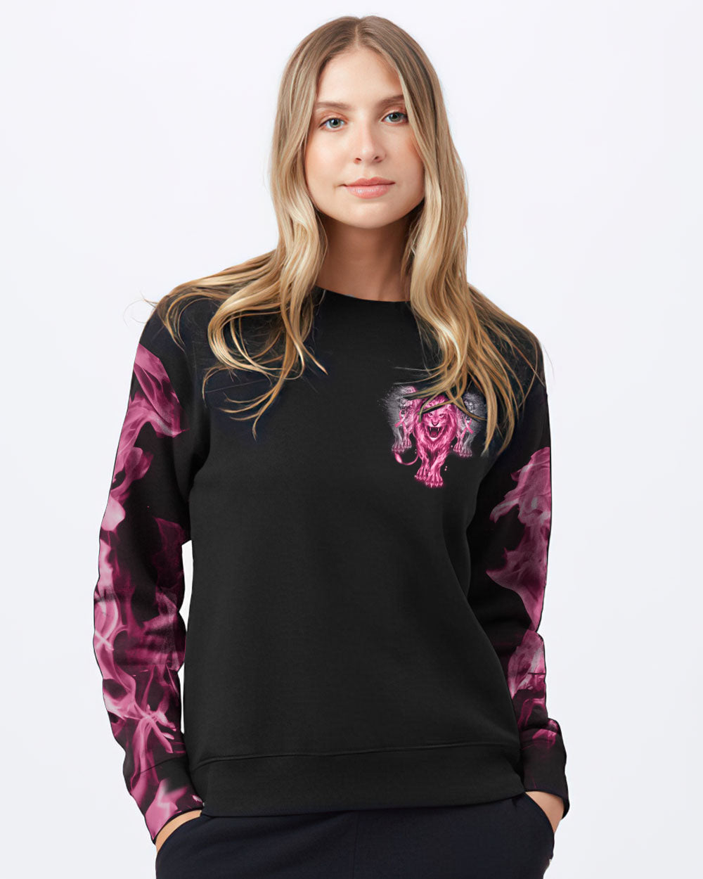 No One Fights Alone Pink Lion Women's Breast Cancer Awareness Sweatshirt