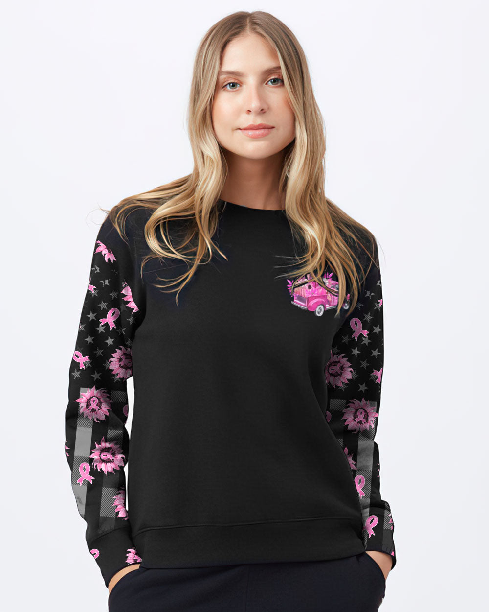 In October We Wear Pink Truck Flag Women's Breast Cancer Awareness Sweatshirt