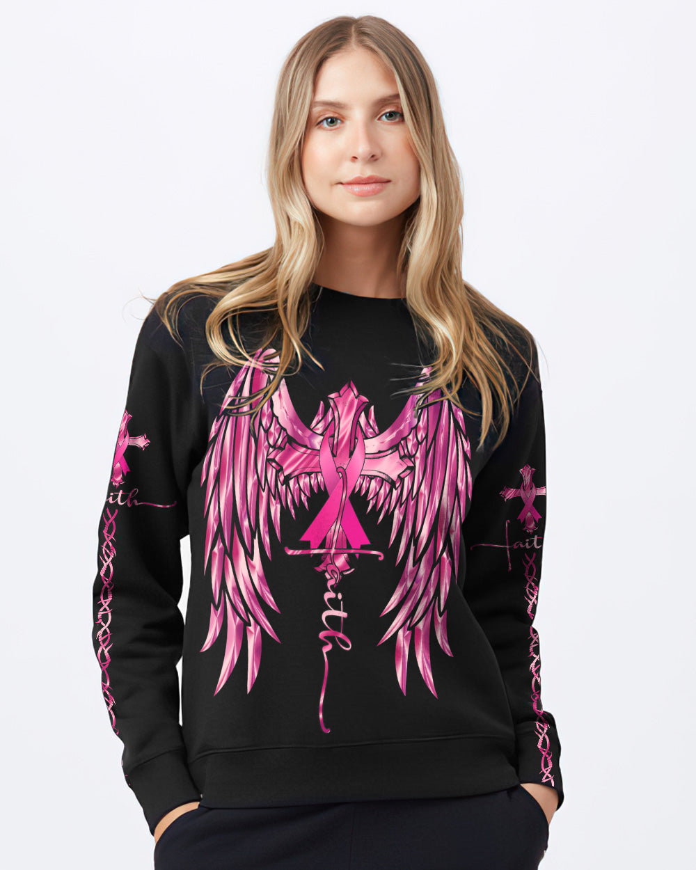 Pink Faith Wings Cross Women's Breast Cancer Awareness Sweatshirt