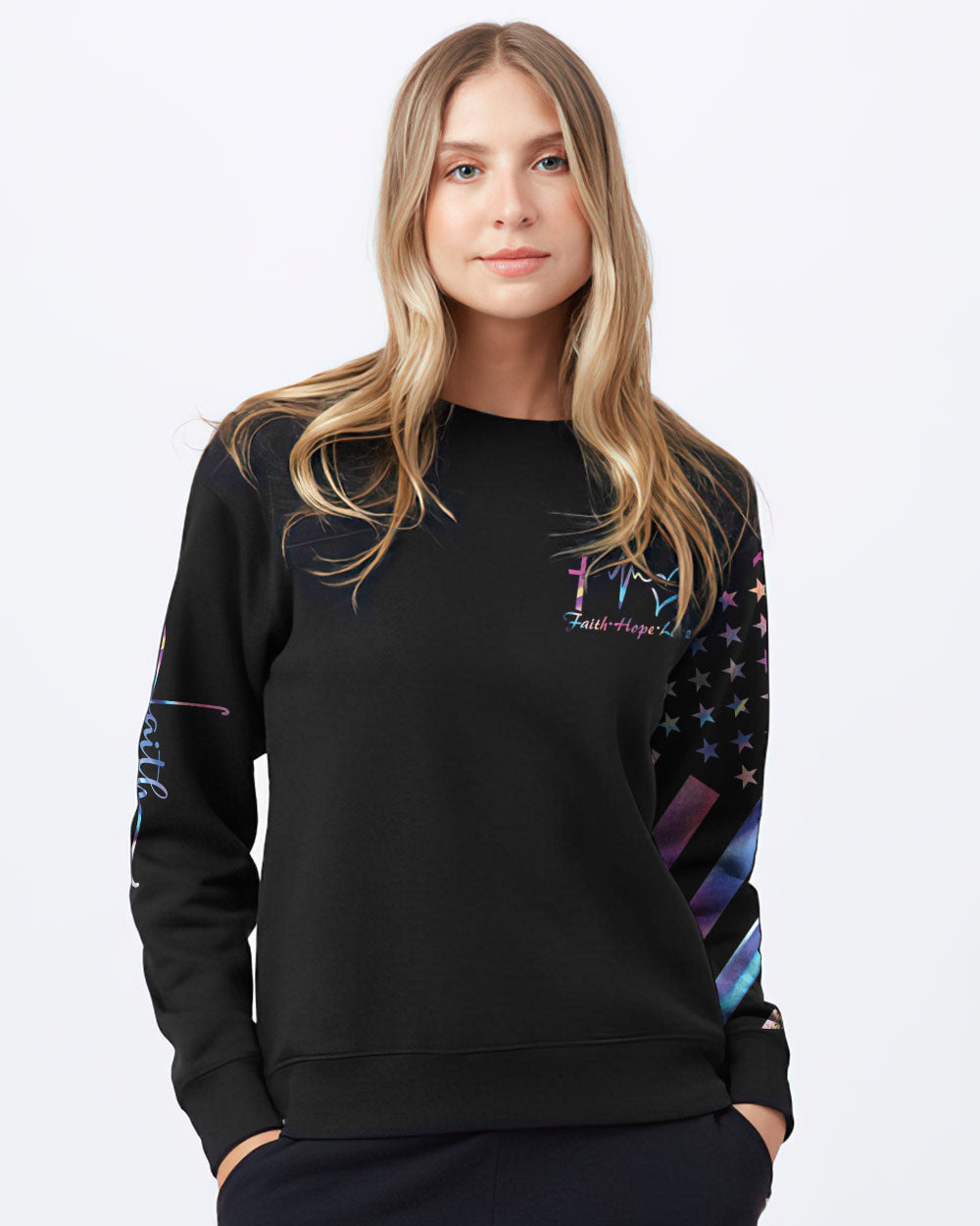 Faith Cross Wings Hologram Flag Women's Christian Sweatshirt