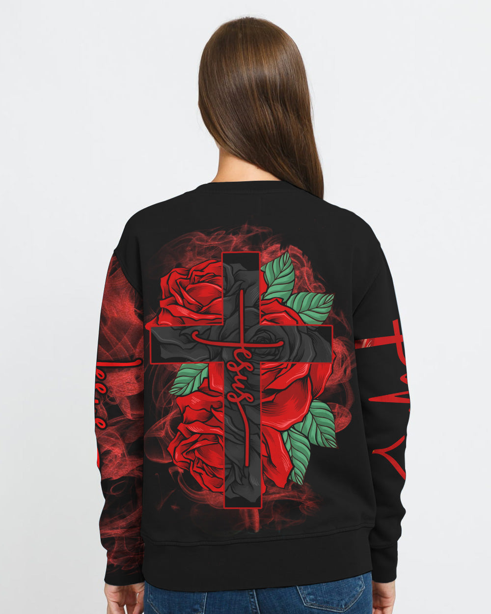 Jesus Cross Red Rose Women's Christian Sweatshirt
