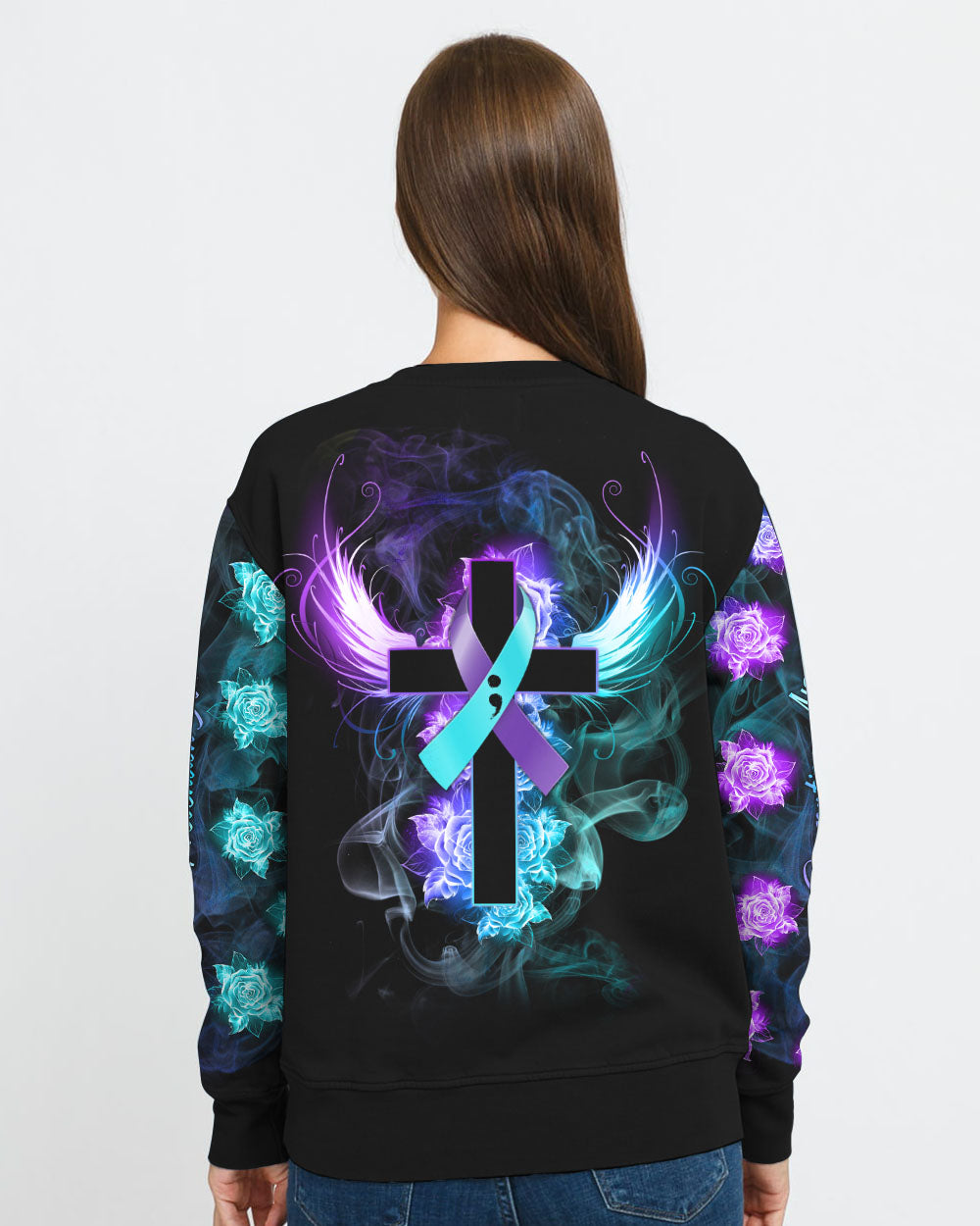 Blue Purple Wing Rose Cross Smoke Women's Christian Sweatshirt