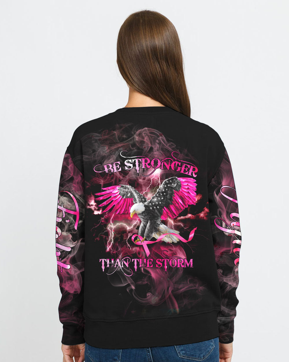 Be Stronger Than The Storm Eagle Pink Smoke Women's Breast Cancer Awareness Sweatshirt