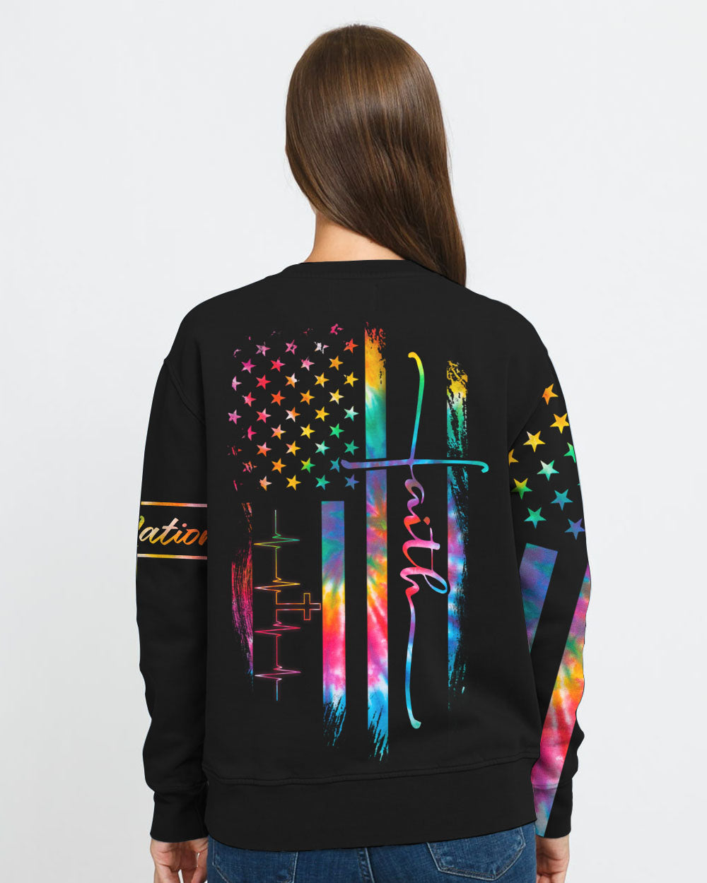 Faith One Nation Under God Tie Dye Flag Women's Christian Sweatshirt
