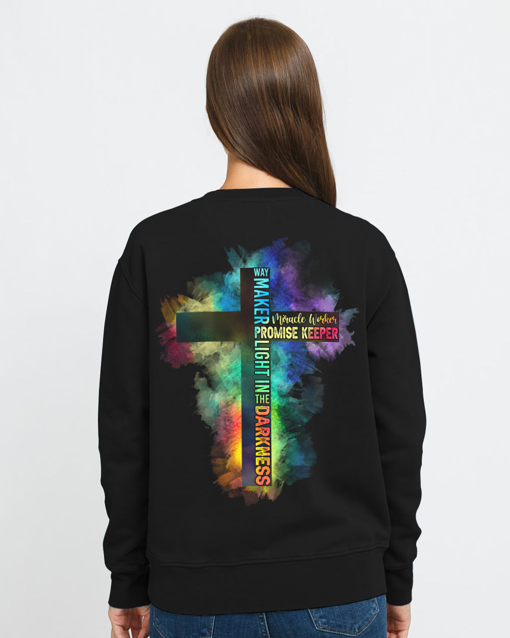 Way Maker Miracle Worker Half Cross Colorful Watercolor Women's Christian Sweatshirt