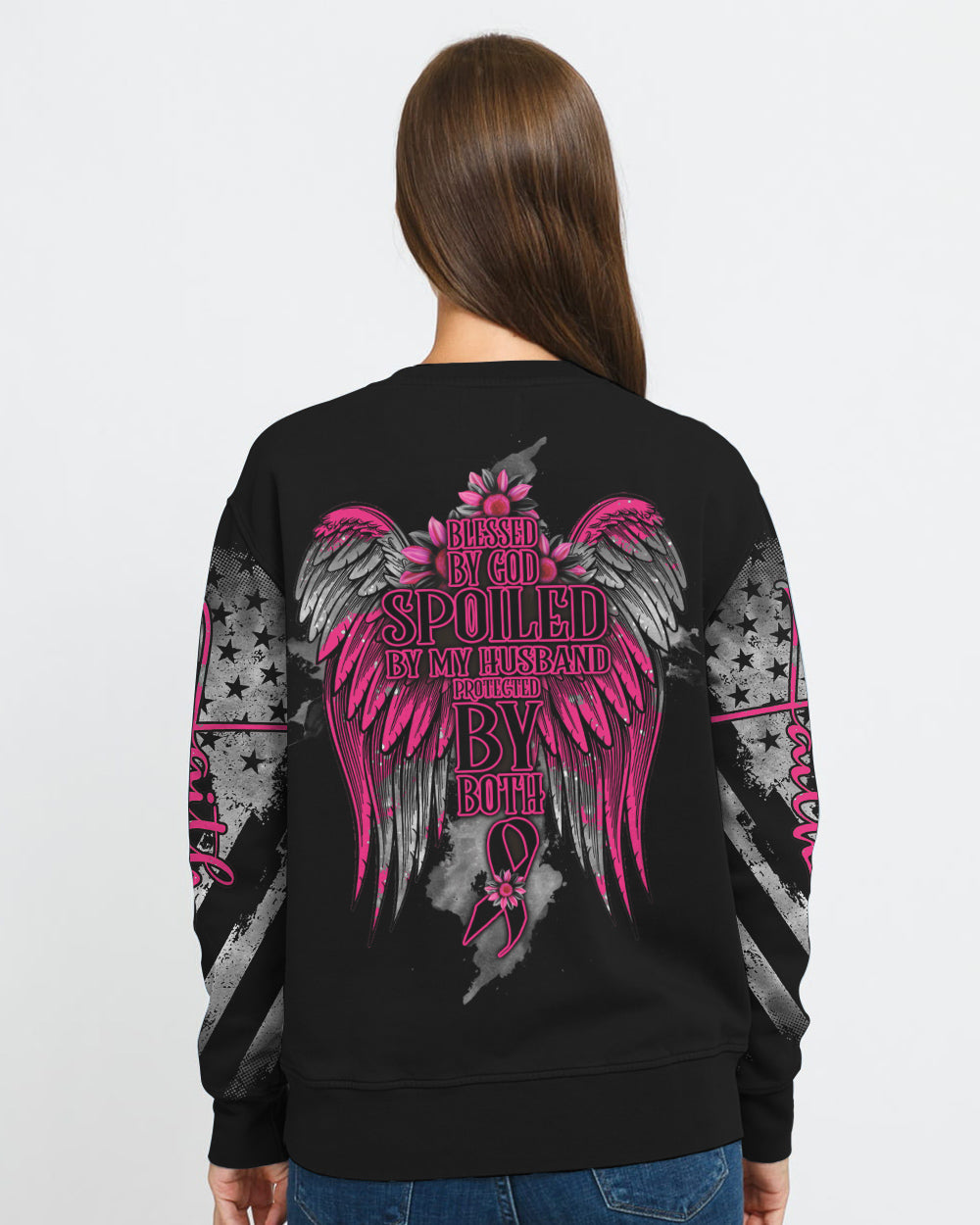 Blessed By God Spoiled By My Husband Women's Breast Cancer Awareness Sweatshirt