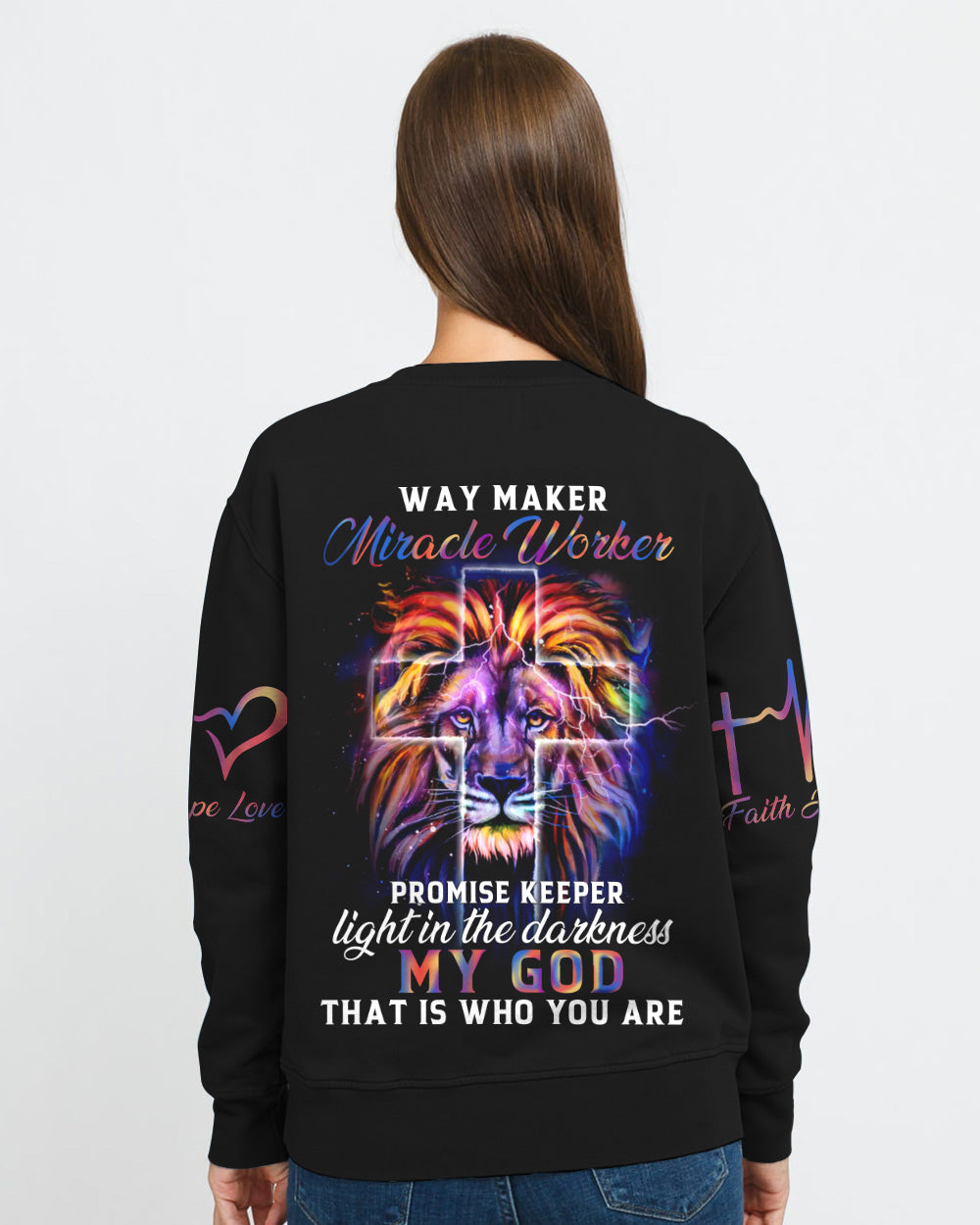 Way Maker Miracle Worker Colorful Lion Faith Heart Beat Women's Christian Sweatshirt
