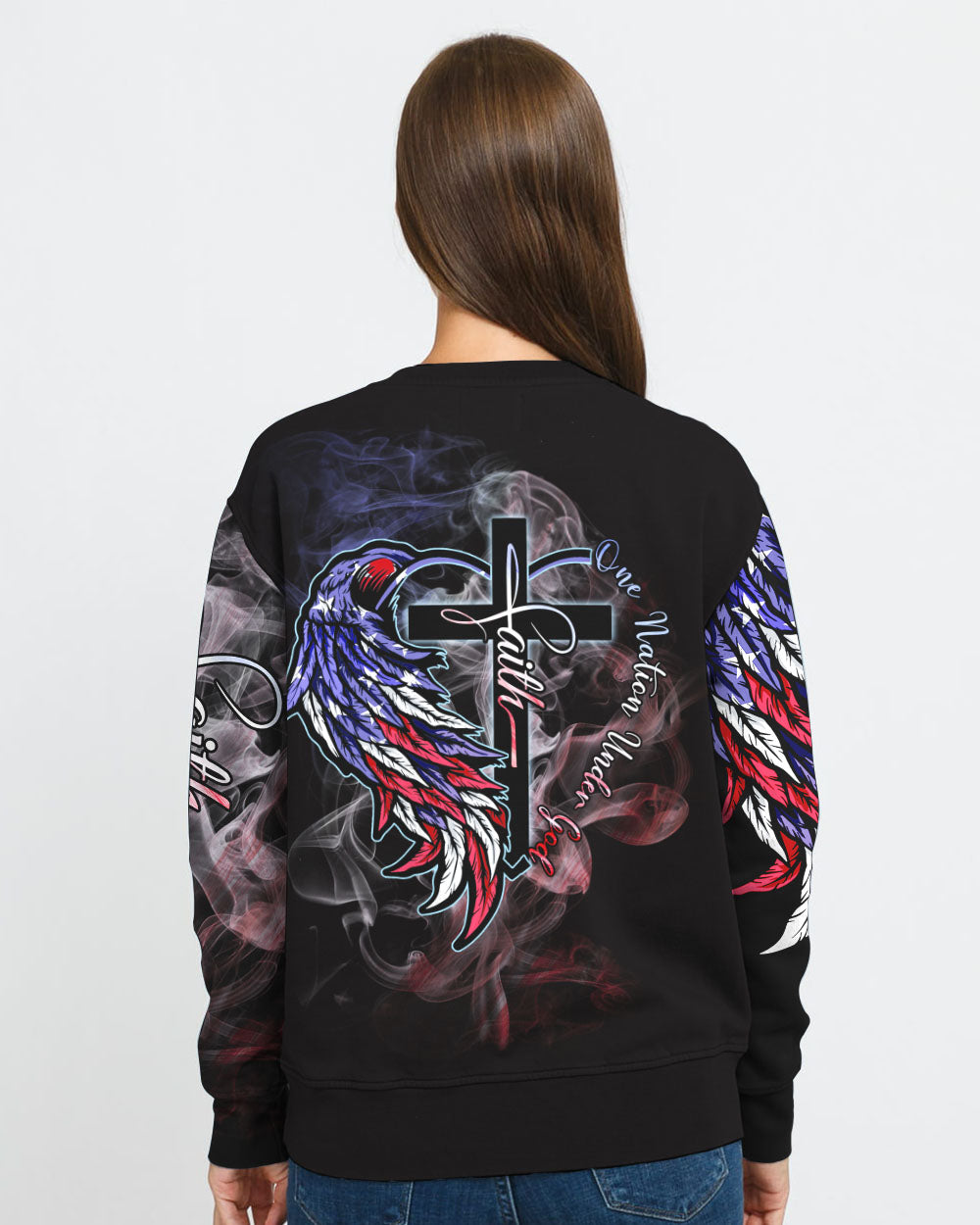 One Nation Under God Half Wings Heart Smoke Women's Christian Sweatshirt