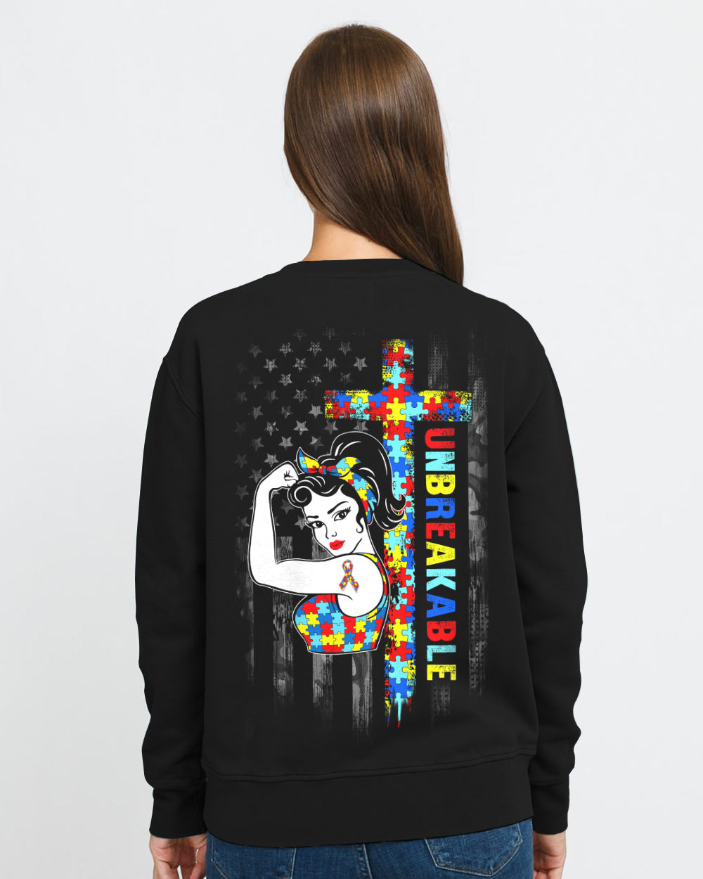 Mom Unbreakable Flag Women's Autism Awareness Sweatshirt