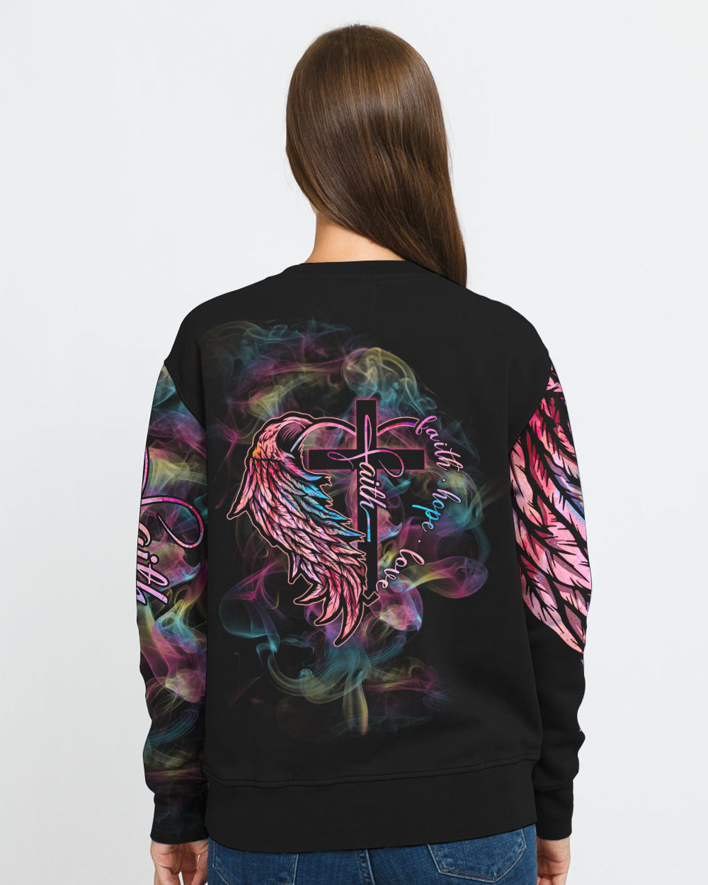 Faith Hope Love Half Wings Heart Colorful Smoke Women's Christian Sweatshirt