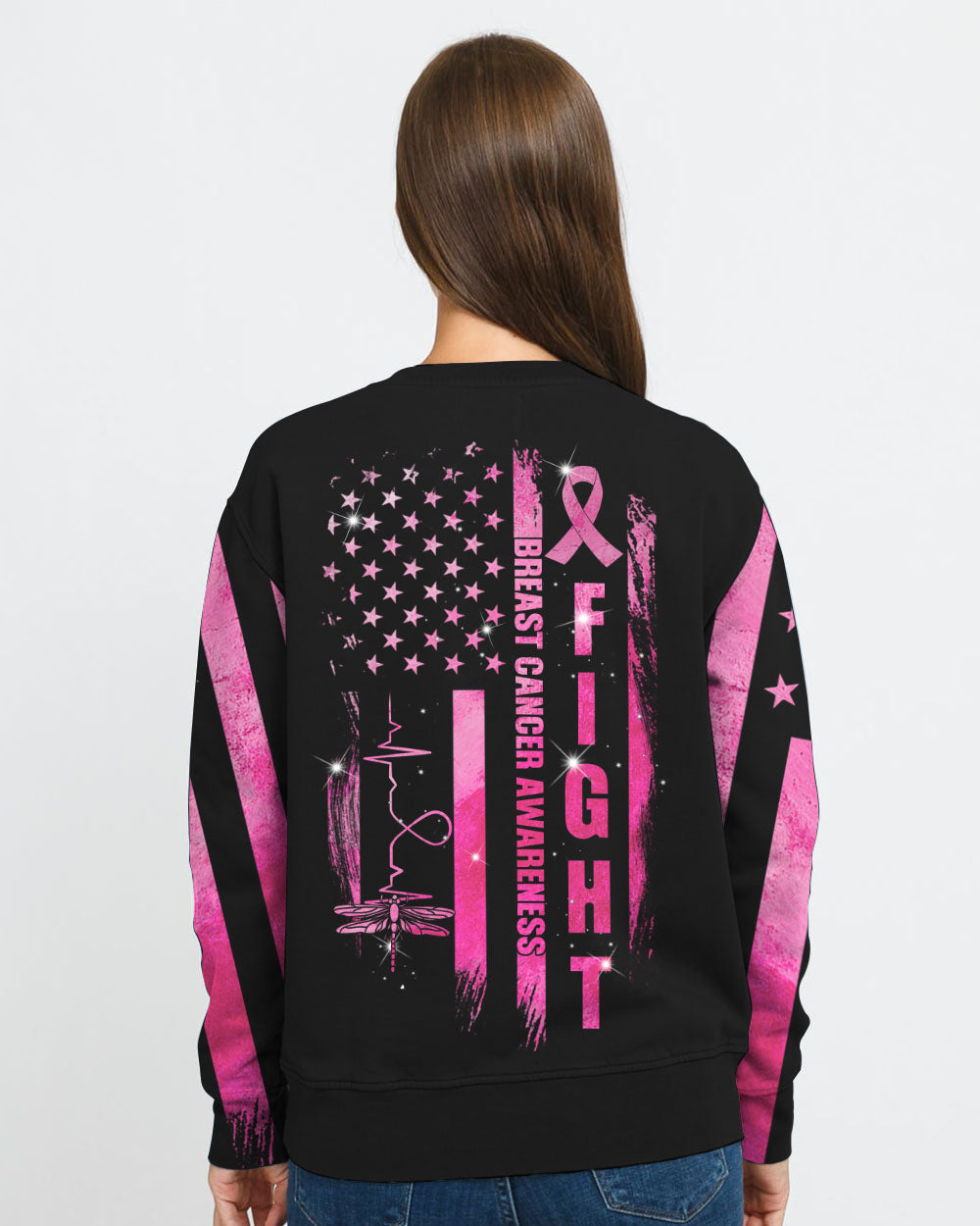 Fight Flag Dragonfly Heart Women's Breast Cancer Awareness Sweatshirt