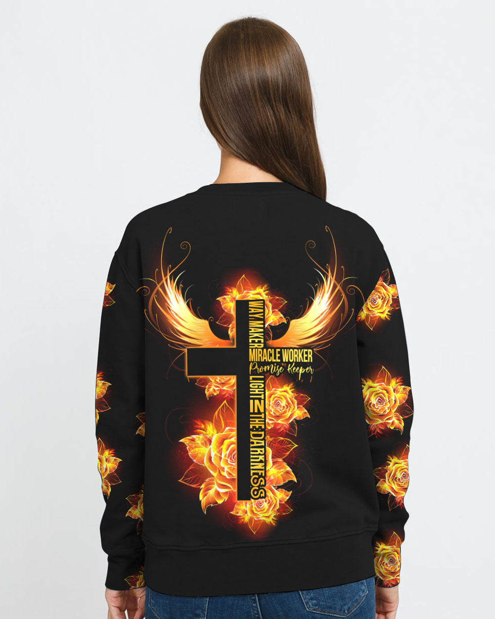 Way Maker Miracle Worker Gold Rose Cross Women's Christian Sweatshirt