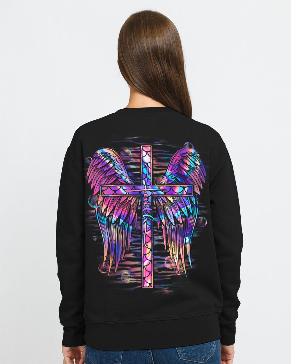 Faith Cross Wings Mermaid Hologram Texture Women's Christian Sweatshirt