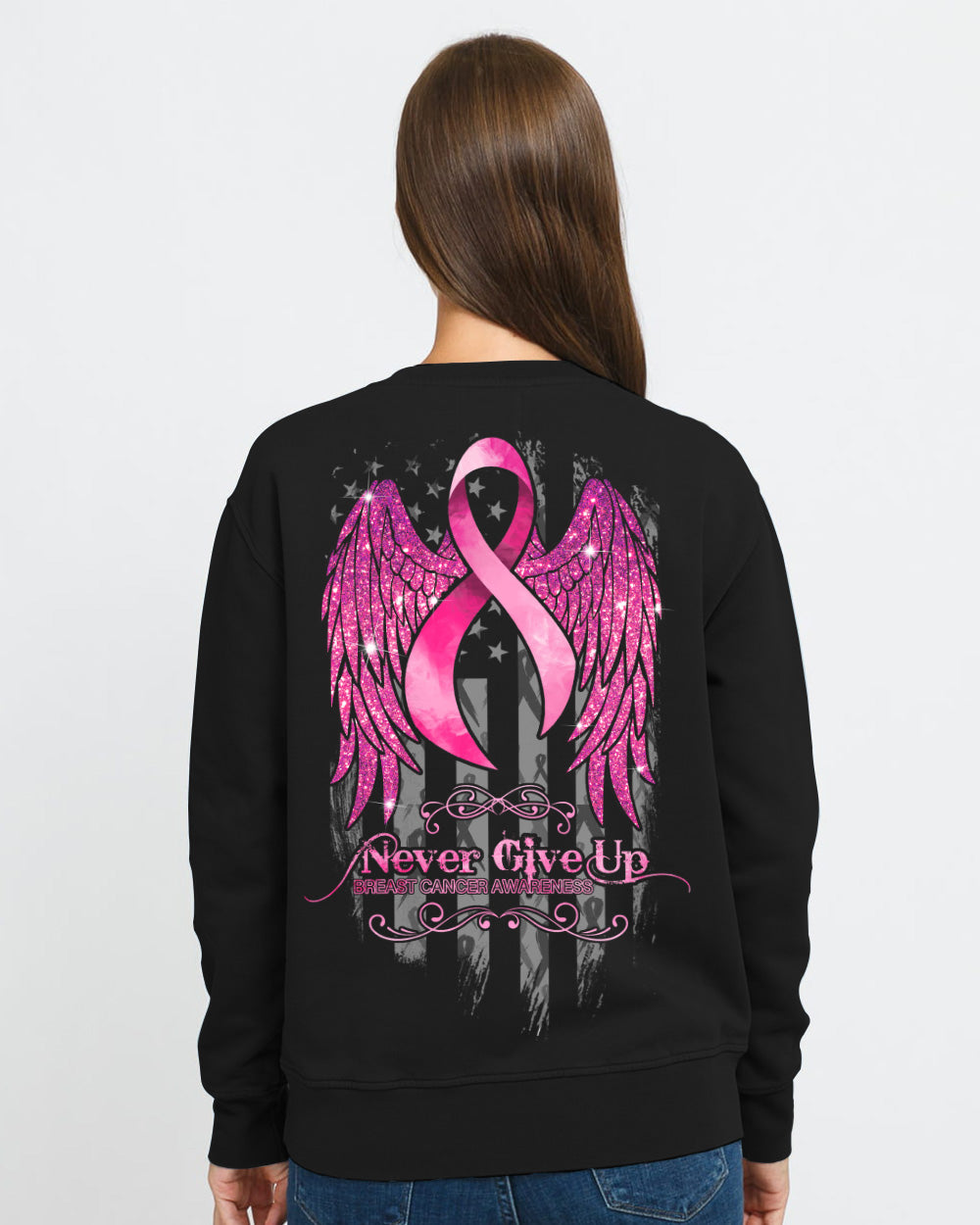 Never Give Up Glitter Wings Ribbon Women's Breast Cancer Awareness Sweatshirt