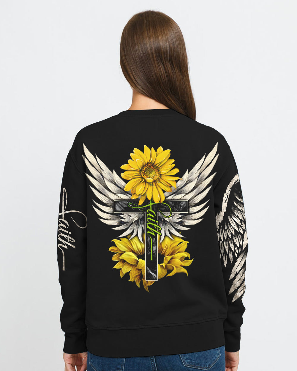 Painting Sunflower Cross Faith Wings Women's Christian Sweatshirt