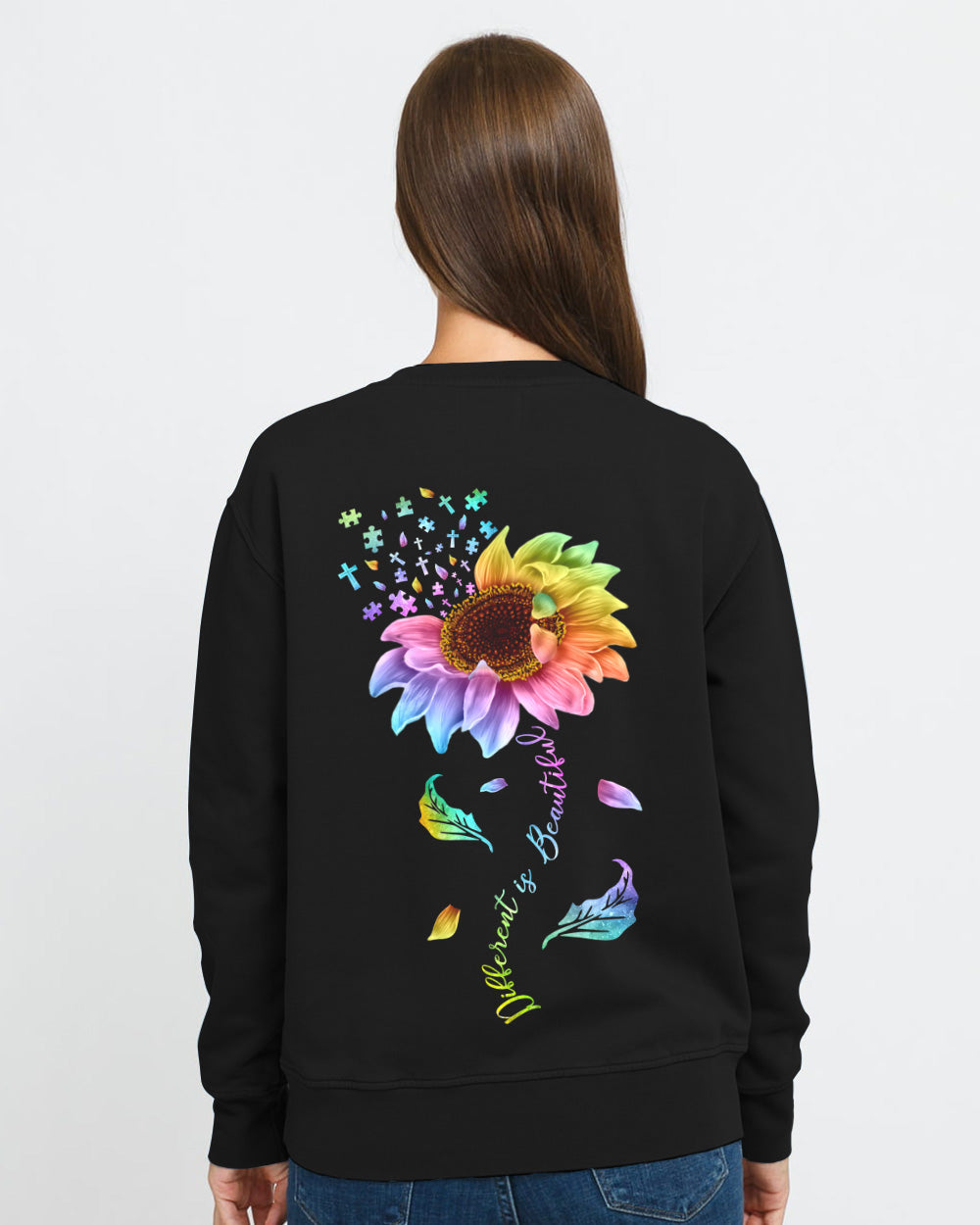 Different Is Beautiful Rainbow Sunflower Women's Autism Awareness Sweatshirt