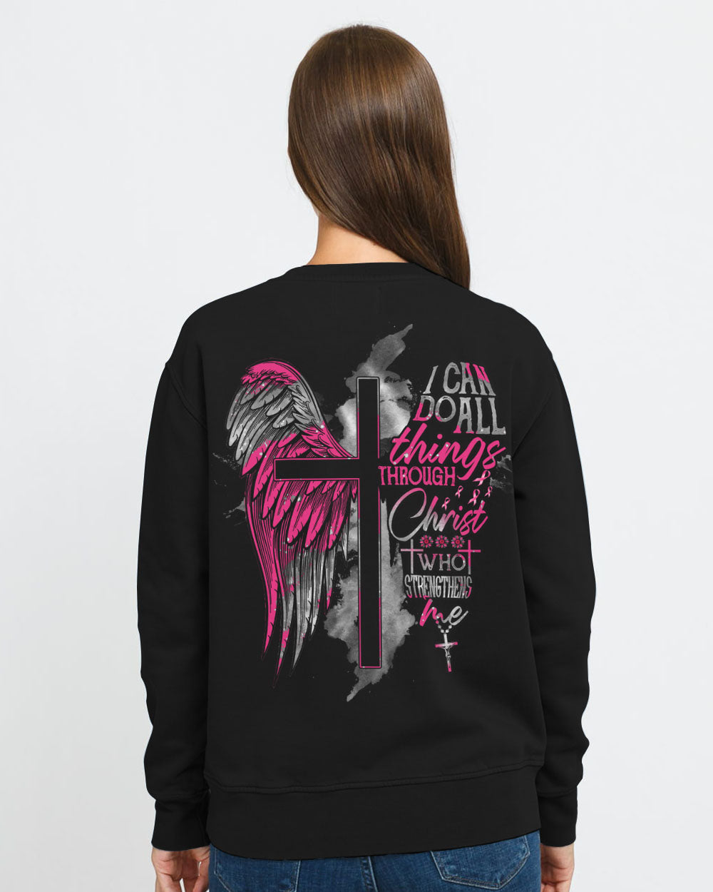 I Can Do All Things Through Christ Half Wings Cross Women's Breast Cancer Awareness Sweatshirt