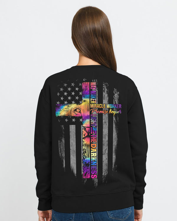 Way Maker Miracle Worker Promise Keeper Lion Cross Tie Dye Flag Women's Christian Sweatshirt