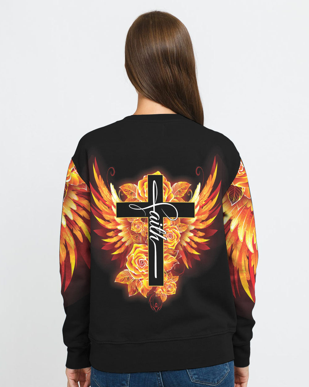 Faith Cross Rose Wings Golden Women's Christian Sweatshirt