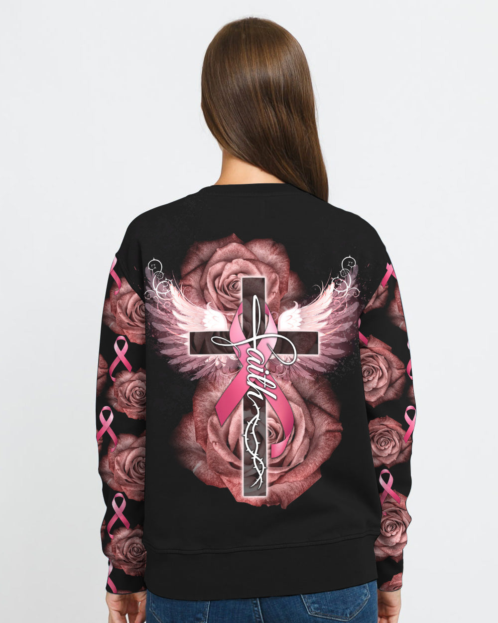 Faith Rose Cross Ribbon Wings Women's Christian Sweatshirt