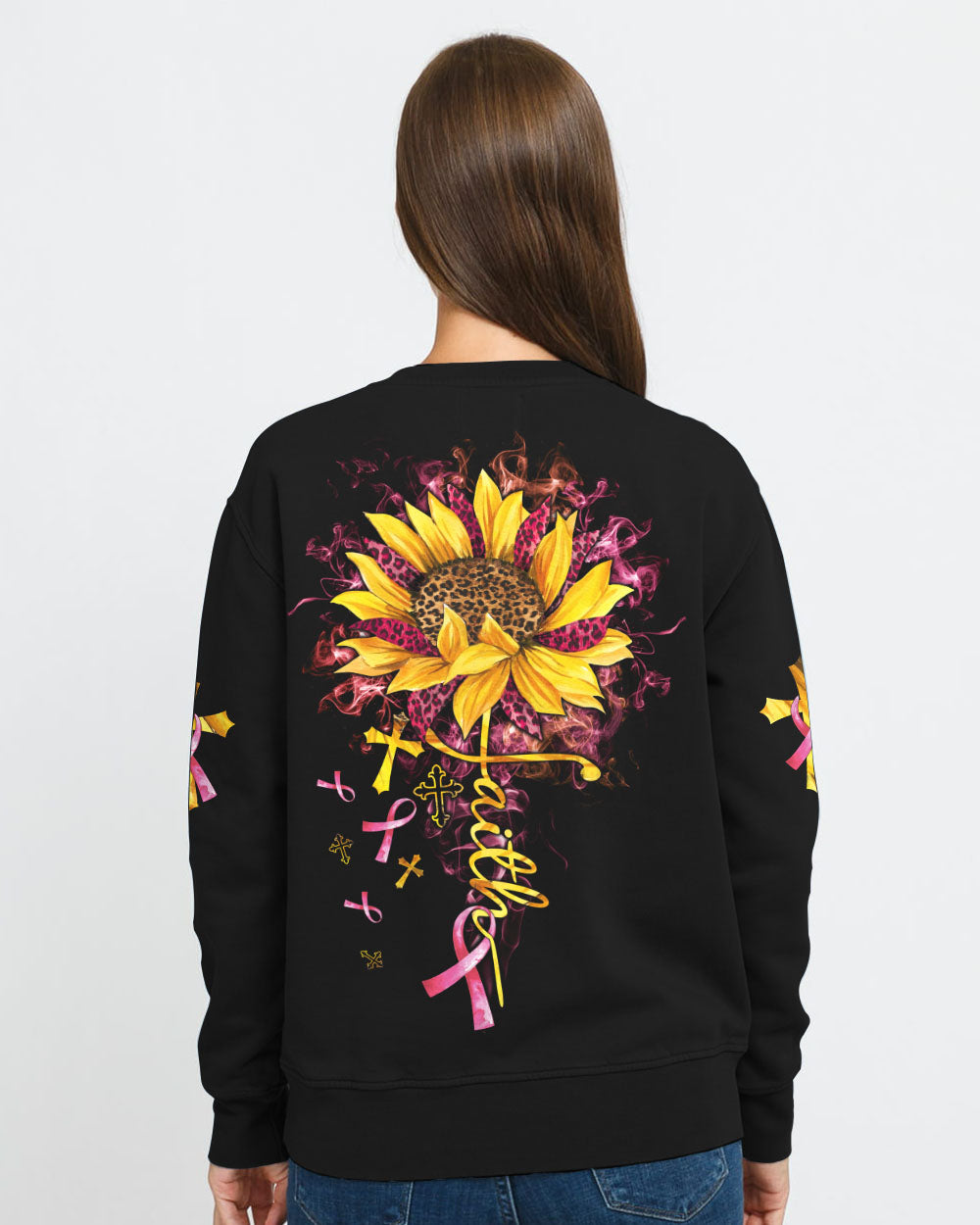 Faith Leopard Sunflower Women's Breast Cancer Awareness Sweatshirt