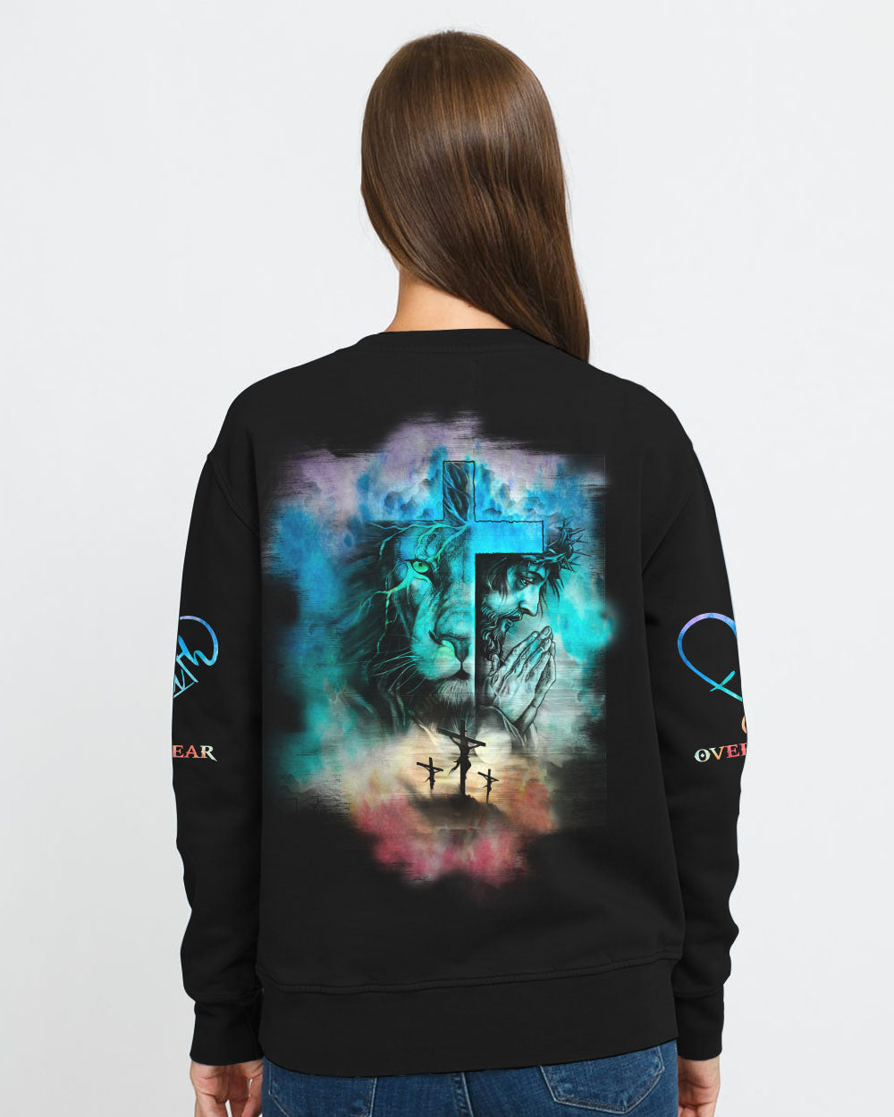 Jesus Lion Cross Colorful Watercolor Women's Christian Sweatshirt