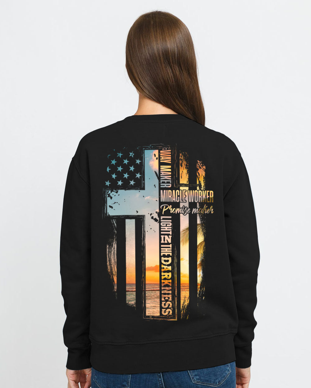 Way Maker Miracle Worker Sunset Beach Flag Half Cross Women's Christian Sweatshirt