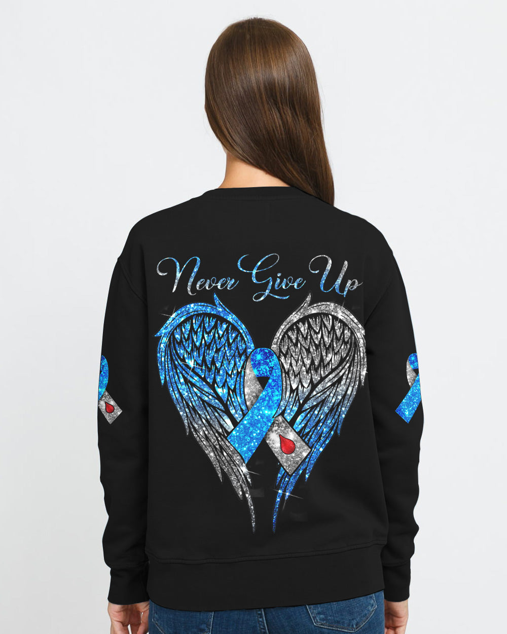 Never Give Up Wings Glitter Women's Diabetes Awareness Sweatshirt