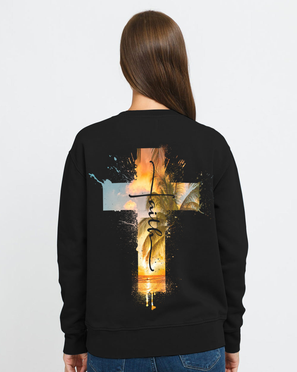 Faith Cross Sunset Beach Watercolor Women's Christian Sweatshirt