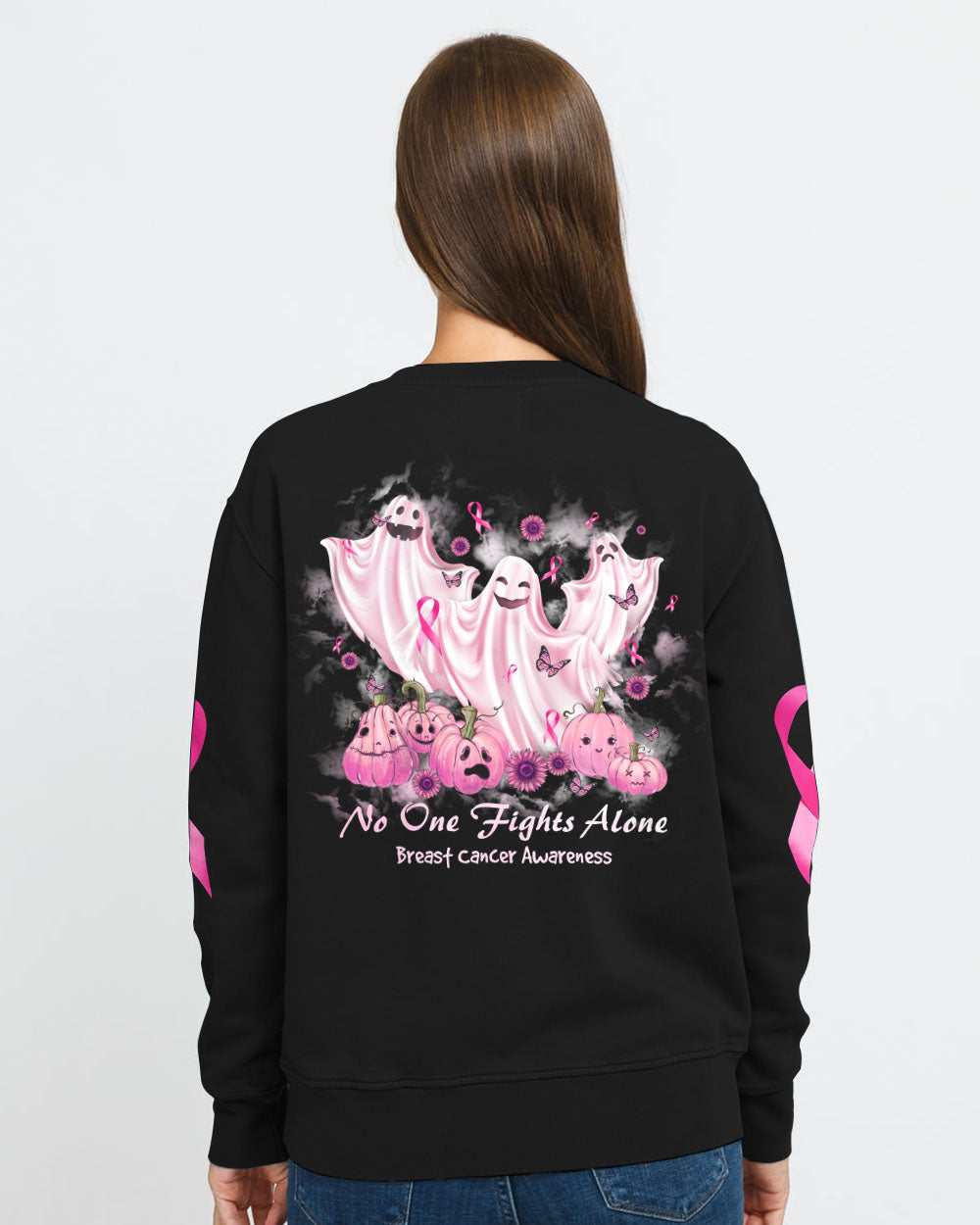 No One Fights Alone Boo Halloween Women's Breast Cancer Awareness Sweatshirt