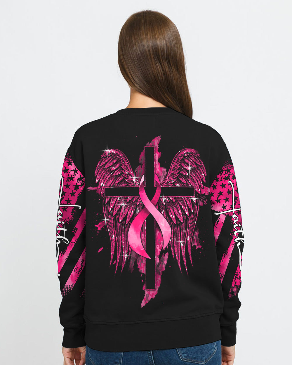 Cross Wings Ribbon Sparkle Women's Breast Cancer Awareness Sweatshirt