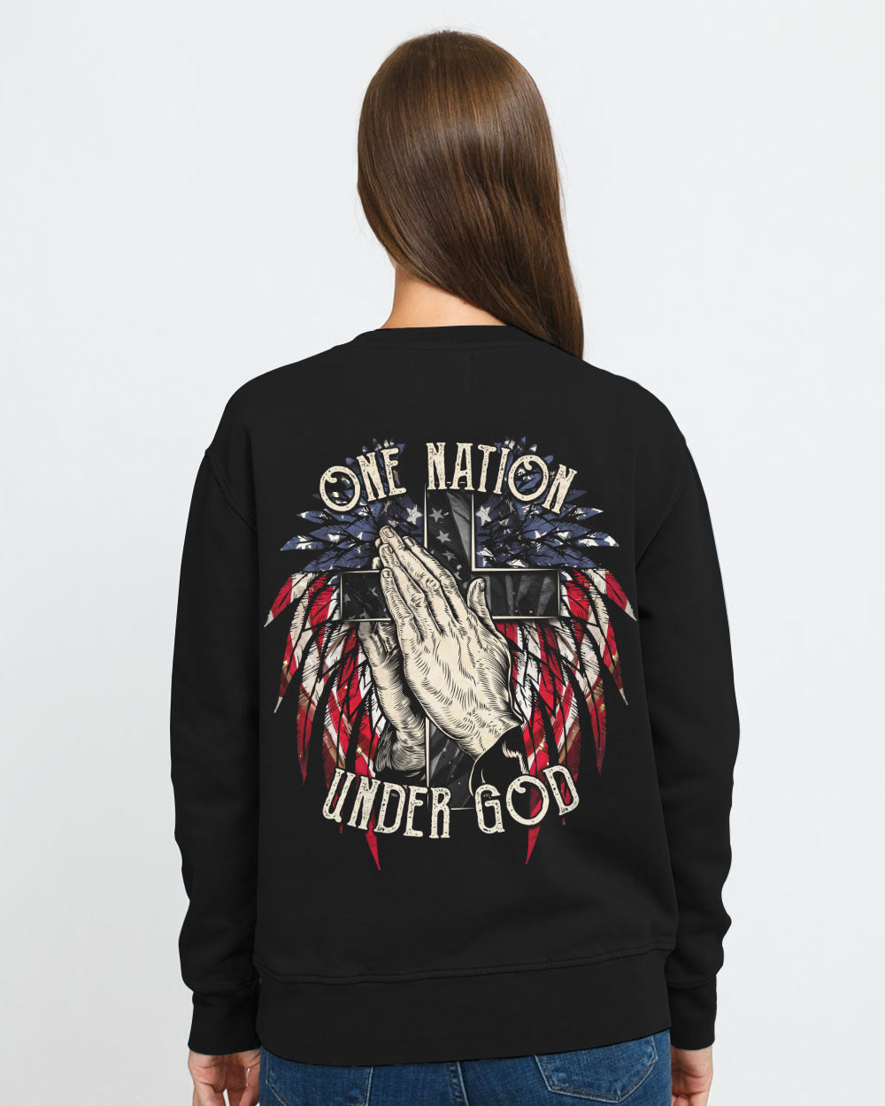 One Nation Under God Wings Hand Women's Christian Sweatshirt