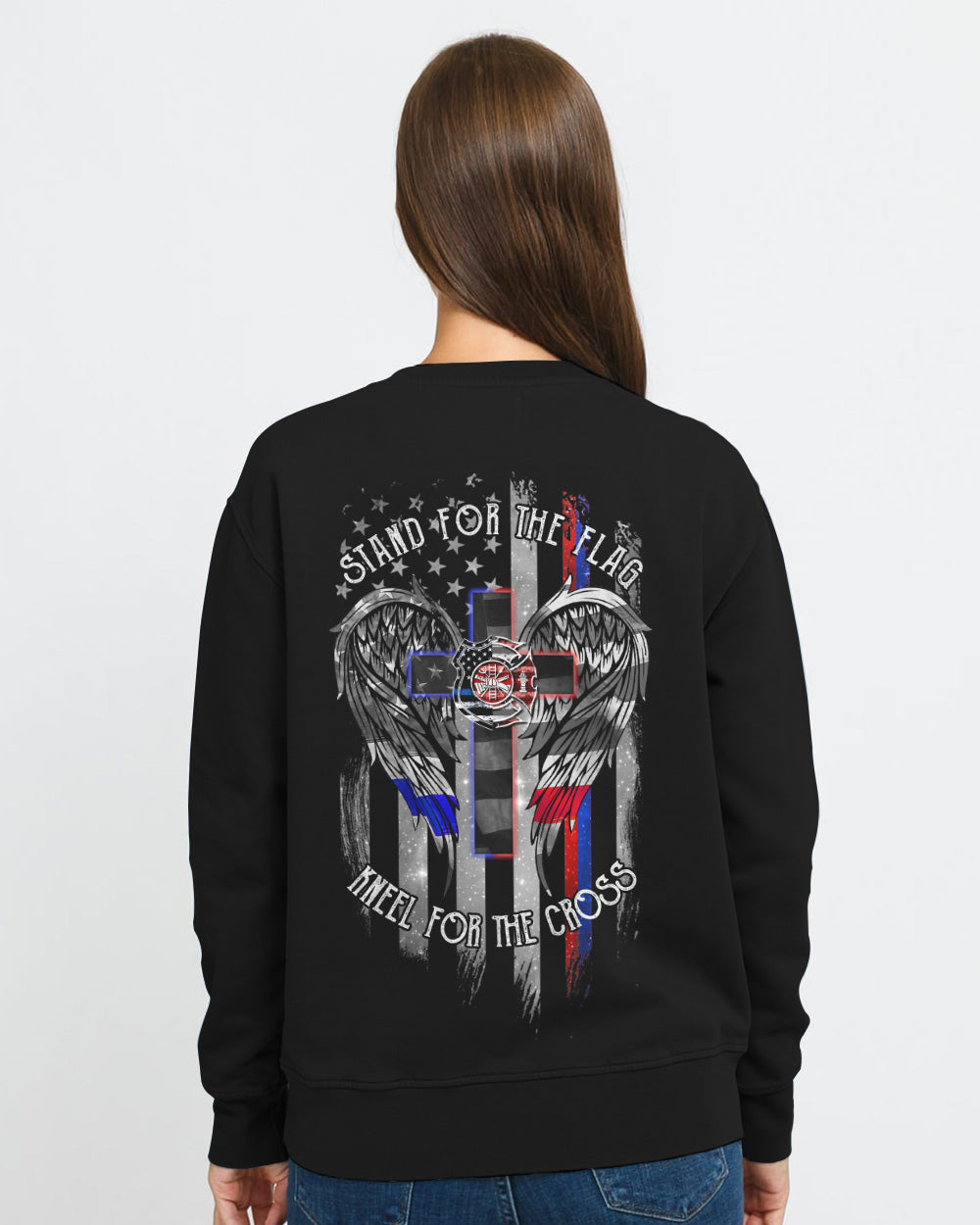 Stand For The Flag Kneel For The Cross Back The Brave Firefighter Women's Christian Sweatshirt