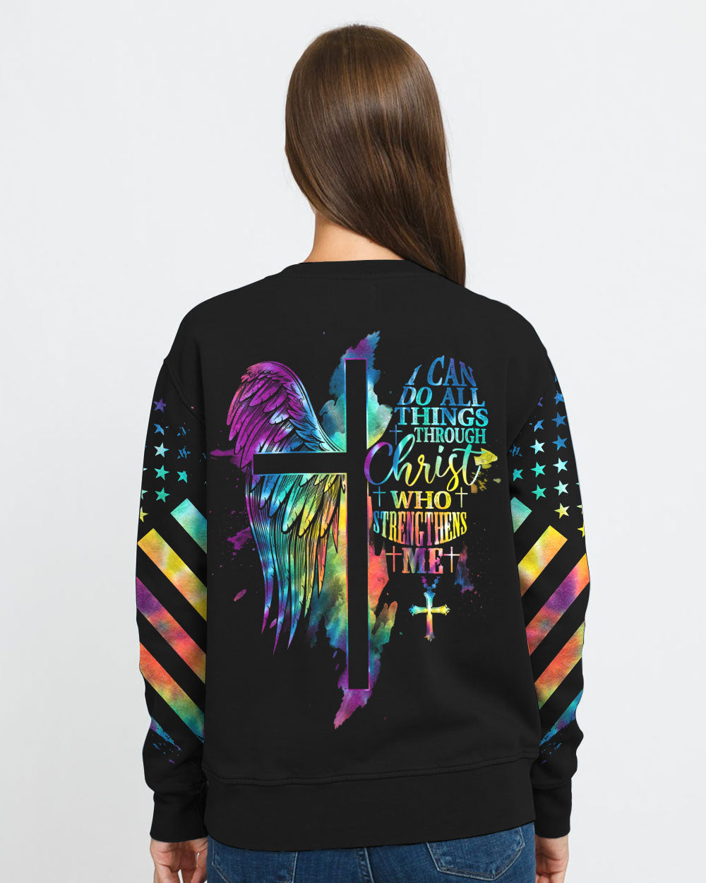 I Can Do All Things Through Christ Half Wings Colorful Women's Christian Sweatshirt