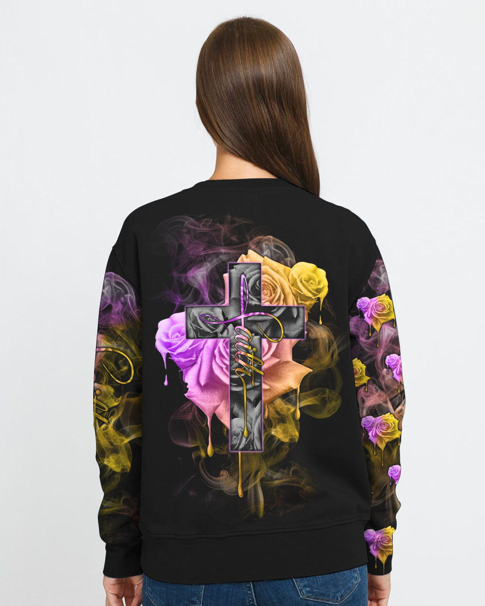 Faith Rose Cross Colorful Smoke Women's Christian Sweatshirt