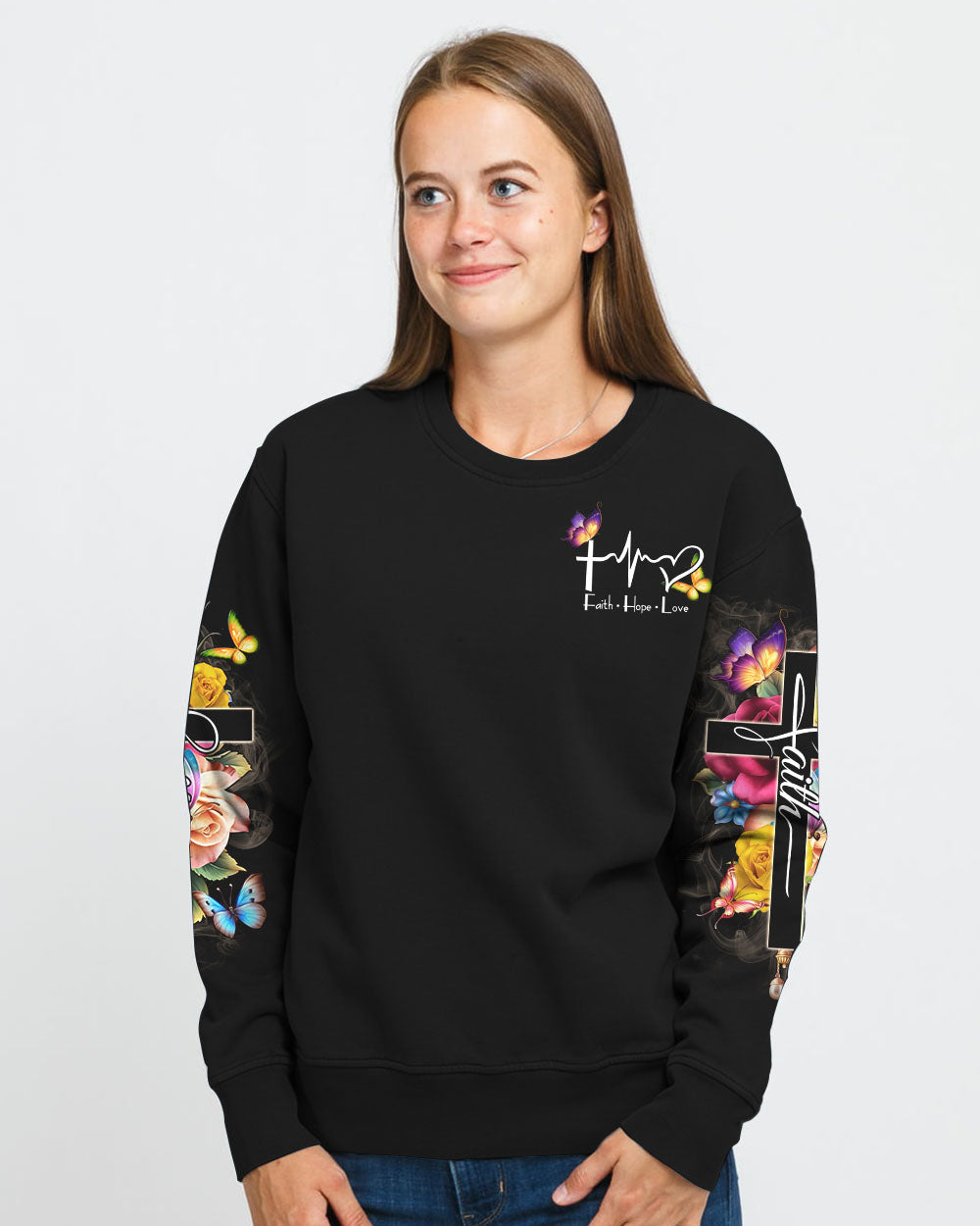 Faith Flowers Cross Butterfly Smoke Women's Christian Sweatshirt