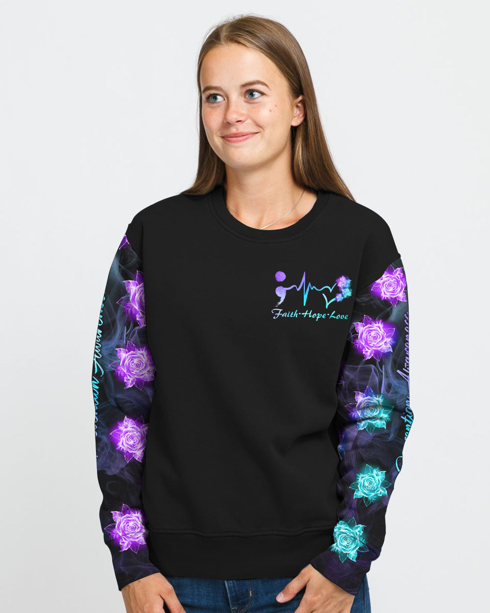Blue Purple Wing Rose Cross Smoke Women's Christian Sweatshirt