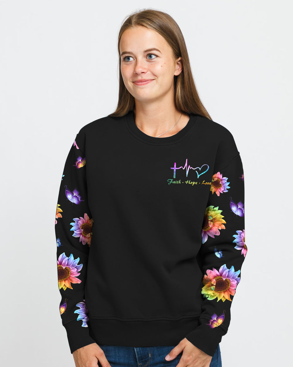 Faith Sunflower Flag Rainbow Smoke Butterfly Women's Christian Sweatshirt