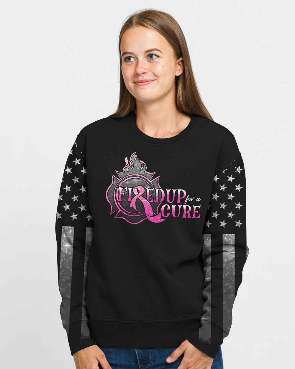Fired Up For A Cure Flag Women's Breast Cancer Awareness Sweatshirt