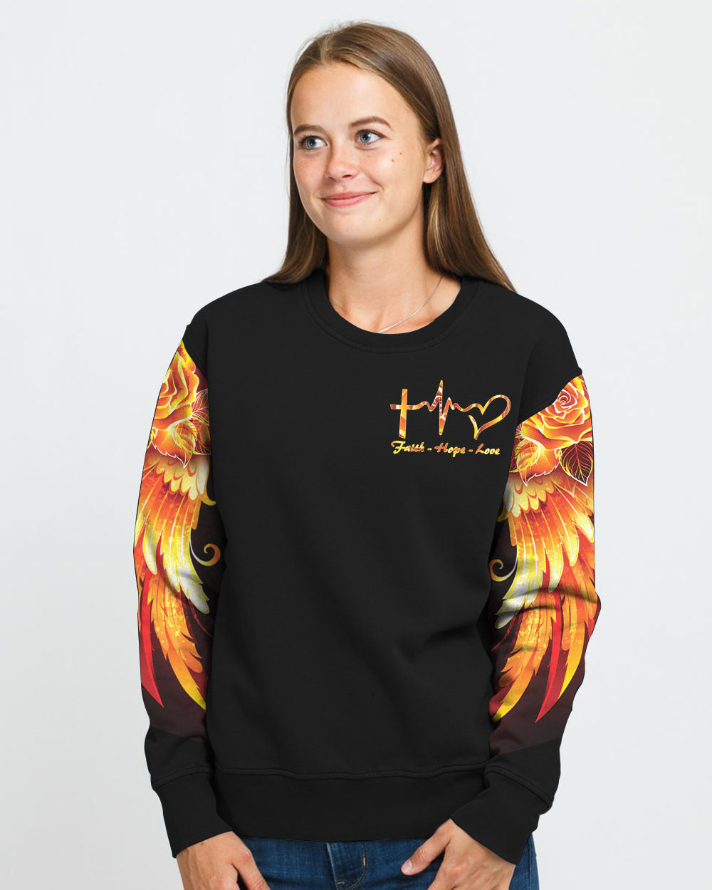 Faith Cross Rose Wings Golden Women's Christian Sweatshirt