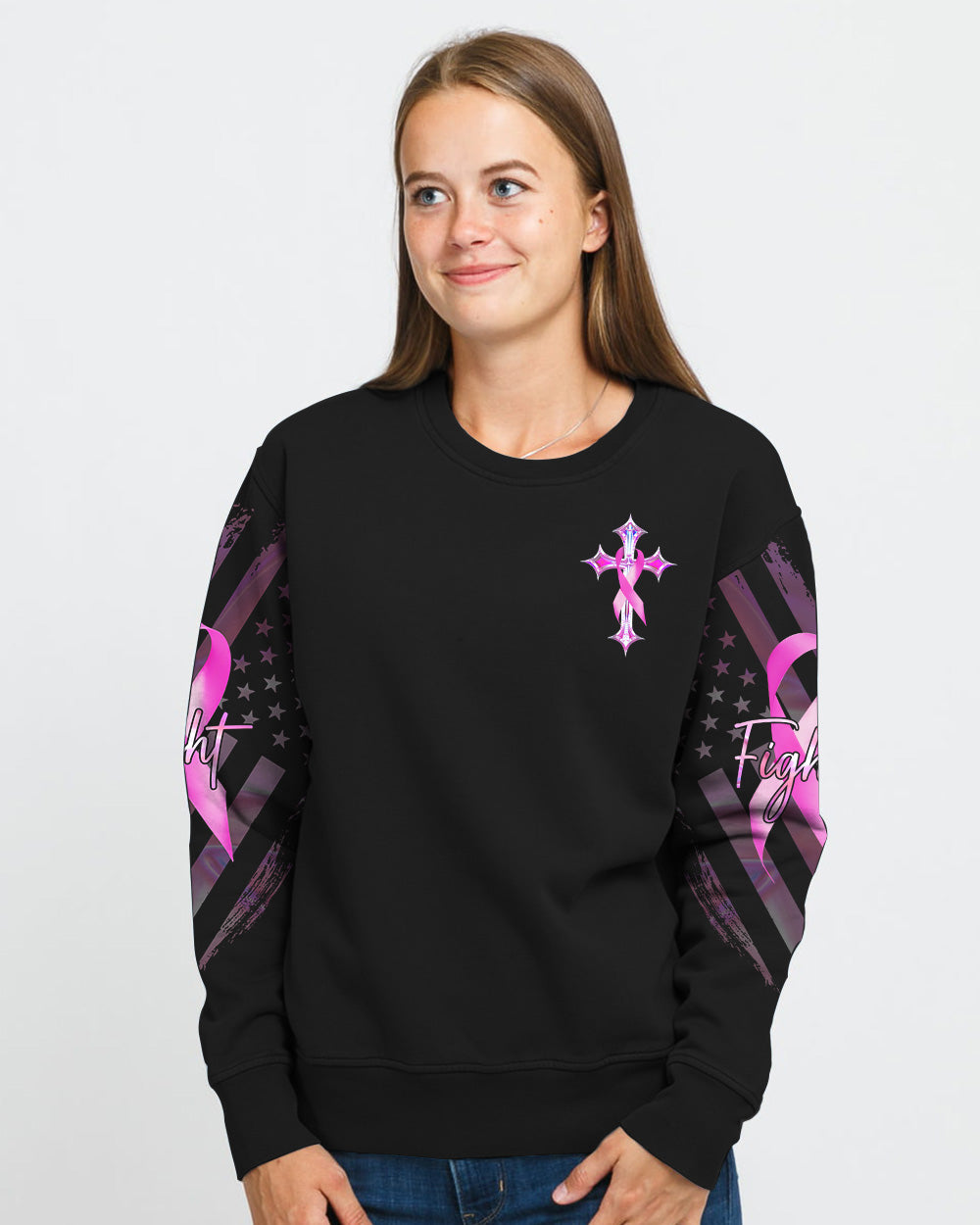 Faith Hope Love Cross Cancer Pink Holo Ribbons Flag Women's Breast Cancer Awareness Sweatshirt