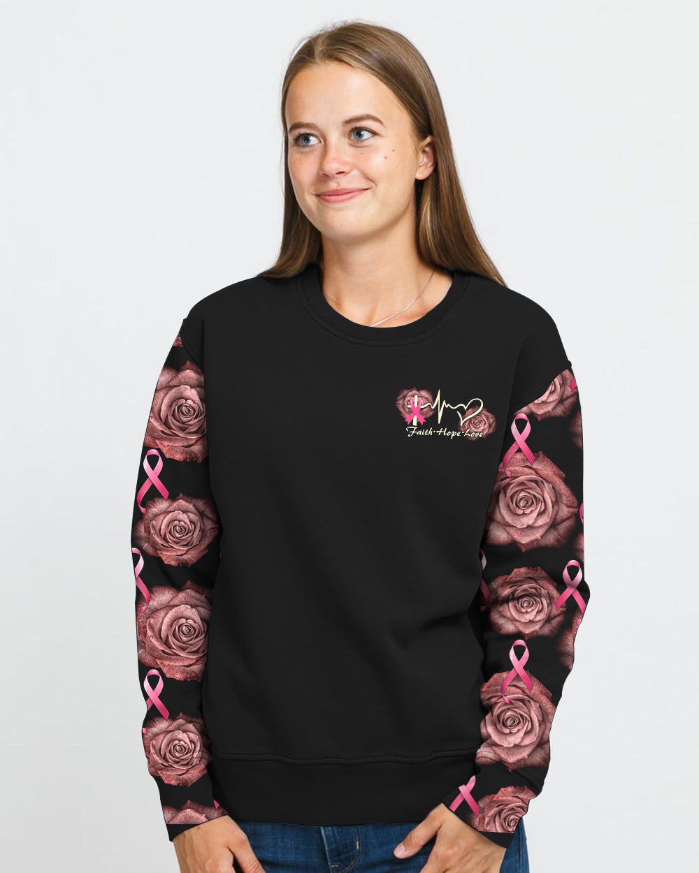 Faith Rose Cross Ribbon Wings Women's Christian Sweatshirt