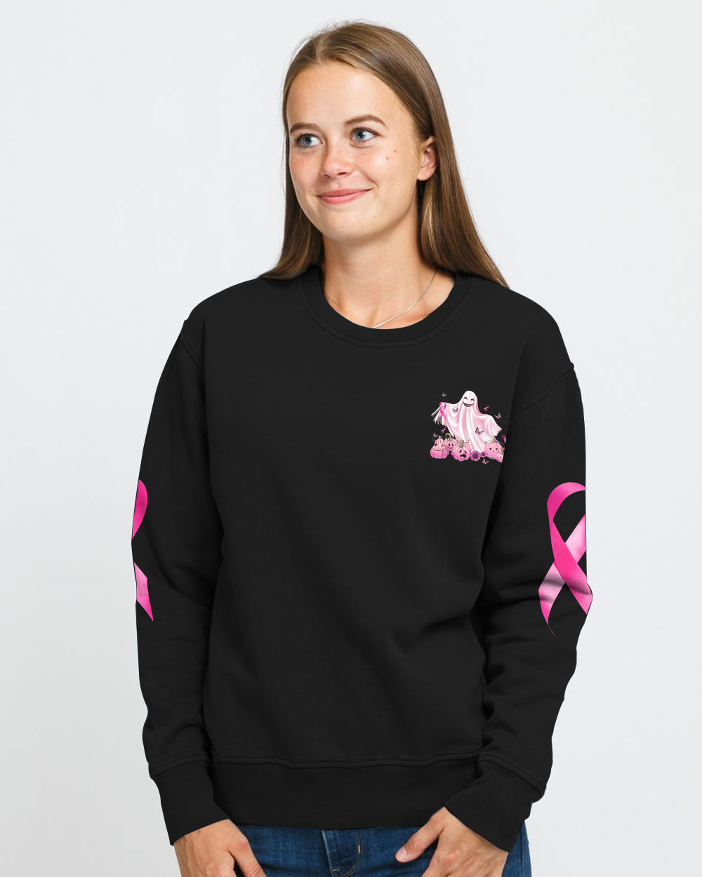 No One Fights Alone Boo Halloween Women's Breast Cancer Awareness Sweatshirt