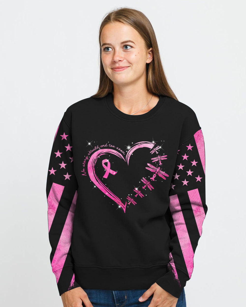 Fight Flag Dragonfly Heart Women's Breast Cancer Awareness Sweatshirt