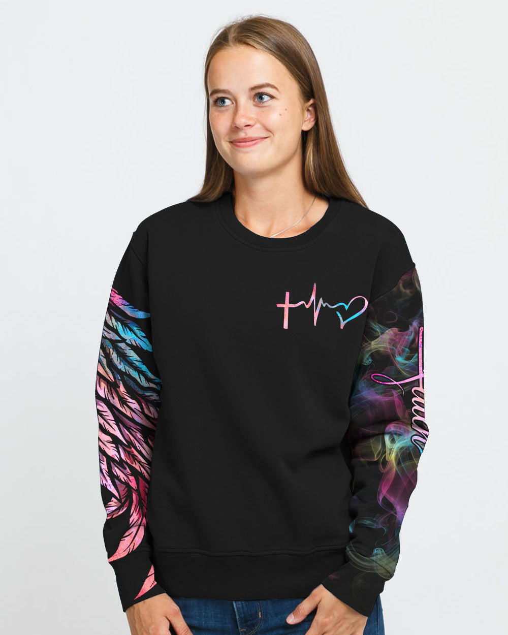 Faith Hope Love Half Wings Heart Colorful Smoke Women's Christian Sweatshirt