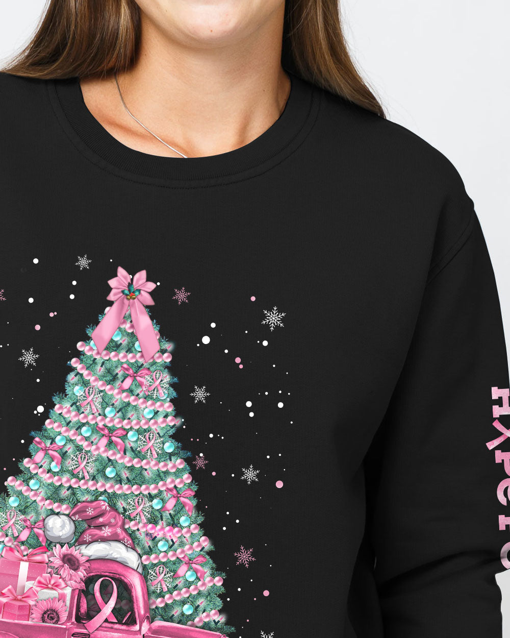 Truck Cancer Christmas Tree Women's Breast Cancer Awareness Sweatshirt