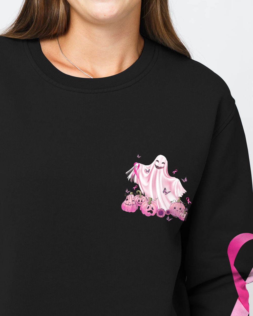 No One Fights Alone Boo Halloween Women's Breast Cancer Awareness Sweatshirt