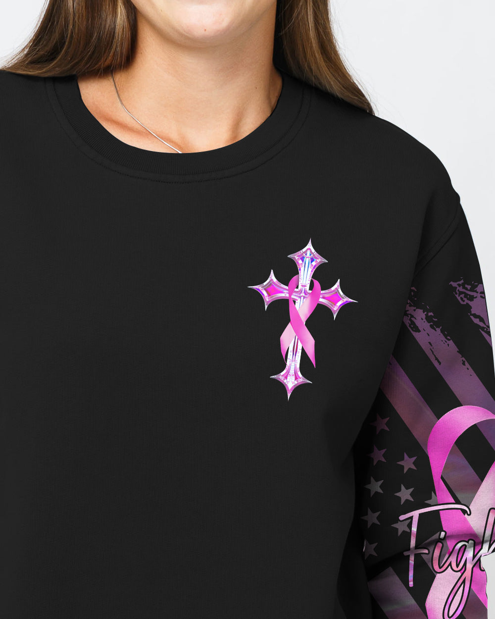Faith Hope Love Cross Cancer Pink Holo Ribbons Flag Women's Breast Cancer Awareness Sweatshirt