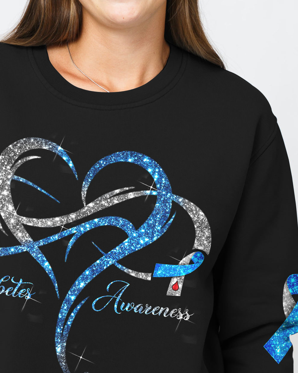 Never Give Up Wings Glitter Women's Diabetes Awareness Sweatshirt