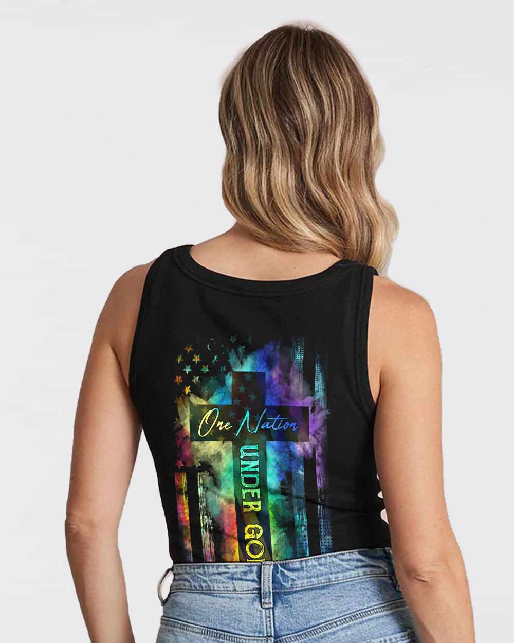 One Nation Under God Colorful Cross Flag Women's Christian Tanks
